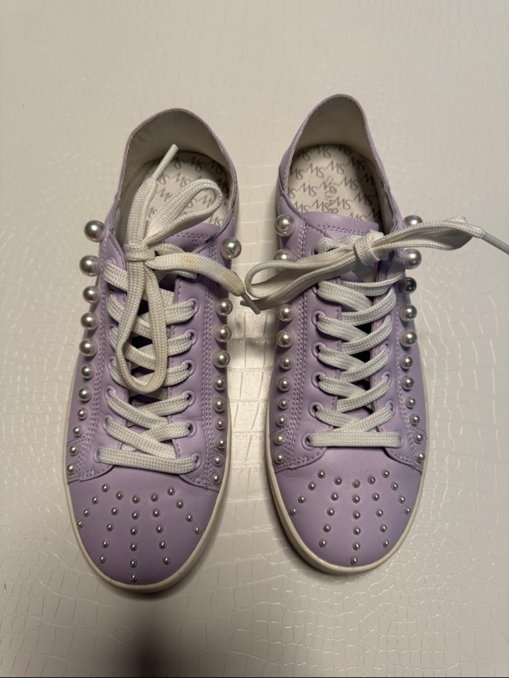 Stuart Weitzman Goldie Convertible Lilac Lavender Pearl Leather Sneakers / Slide